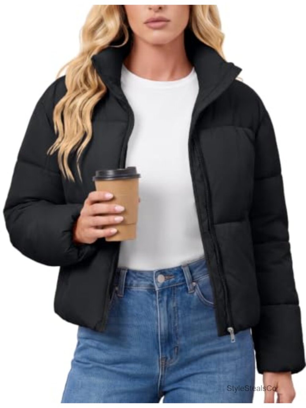 Cropped Quilted Puffer Jacket Warm Winter Coat Stand Collar Zip